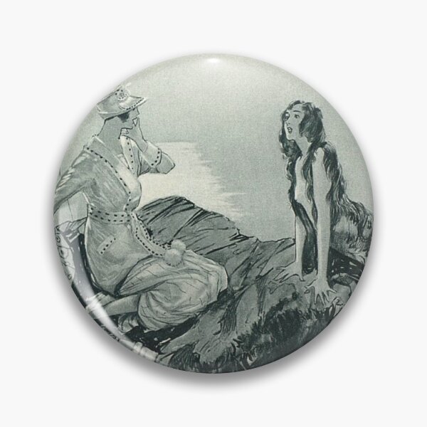 Item preview, Mermaid and Woman Illustration by Alistair K. MacDonald for The Sketch, 1920, Antique Mermaid Encounter Painting, Umbrella on a Rock designed and sold by juiceboxvintage.