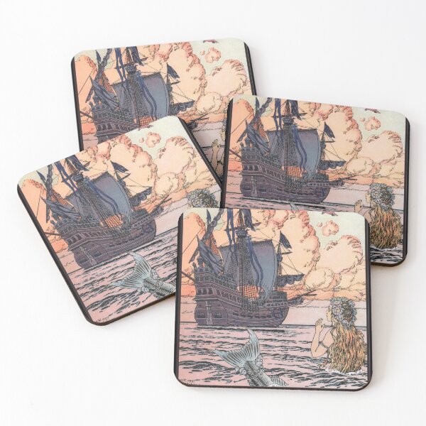 Item preview, The Little Mermaid Sunset Sailboat by Bilibin, Russian and Slavic Underwater Illustration with Fish, Lobsters, and Statues, 1900s designed and sold by juiceboxvintage.