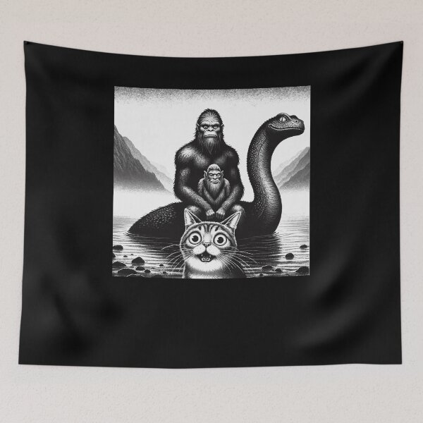 Item preview, Bigfoot Riding Loch Ness Monster Surprised Scared Cat Selfie designed and sold by Dressed For  Duty.