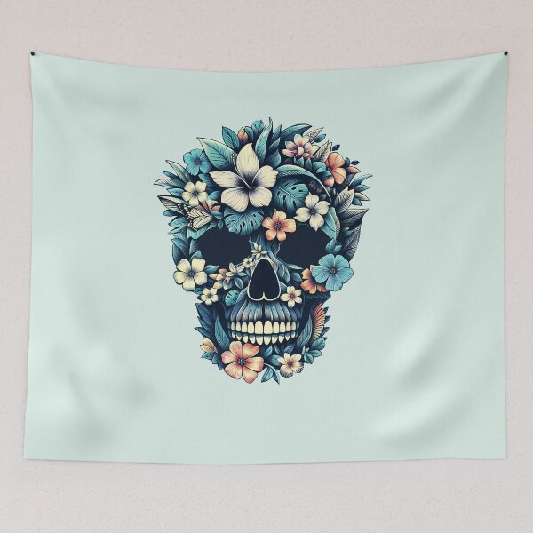 Item preview, Tropical Skull, skull art, tropical floral, cool beach, leaves, flowers, butterflies, life and death in North American pop culture designed and sold by Collagedream.