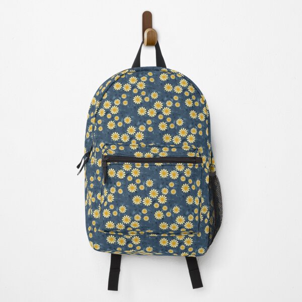 Item preview, Trailing floral yellow daisies with blue leaves on dark blue background designed and sold by JasmineGDesigns.