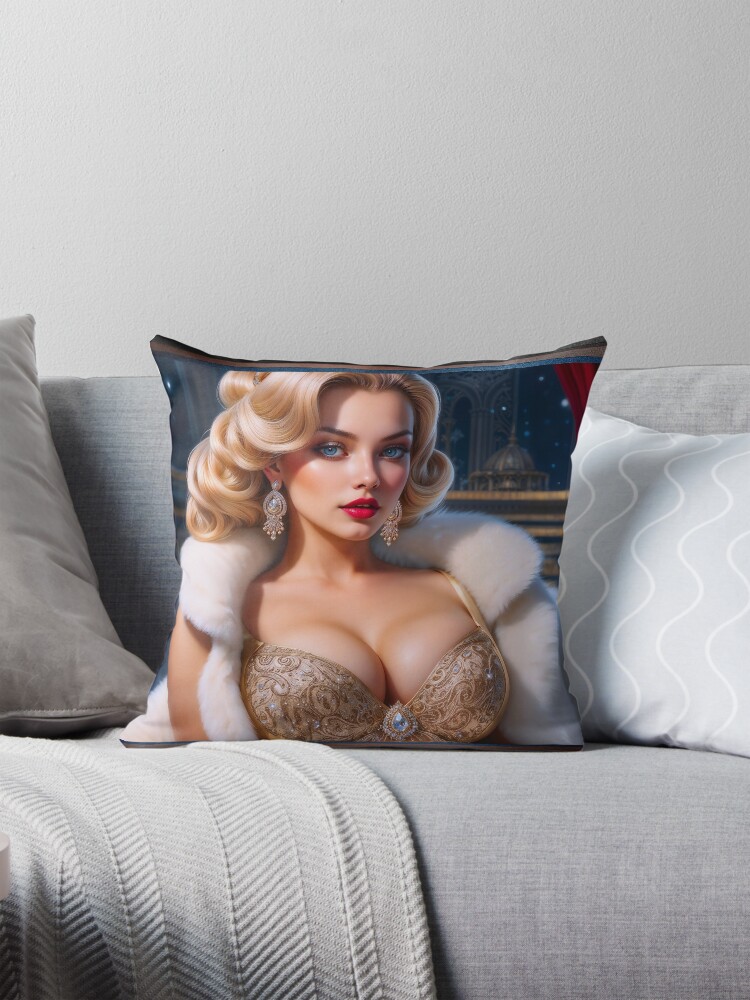 A Stunning Elegant Blonde In A Gold Gown and White Mink Fur Captivating AI Concept Art by Xzendor7 Decorative Art Print Portrait Throw Pillow