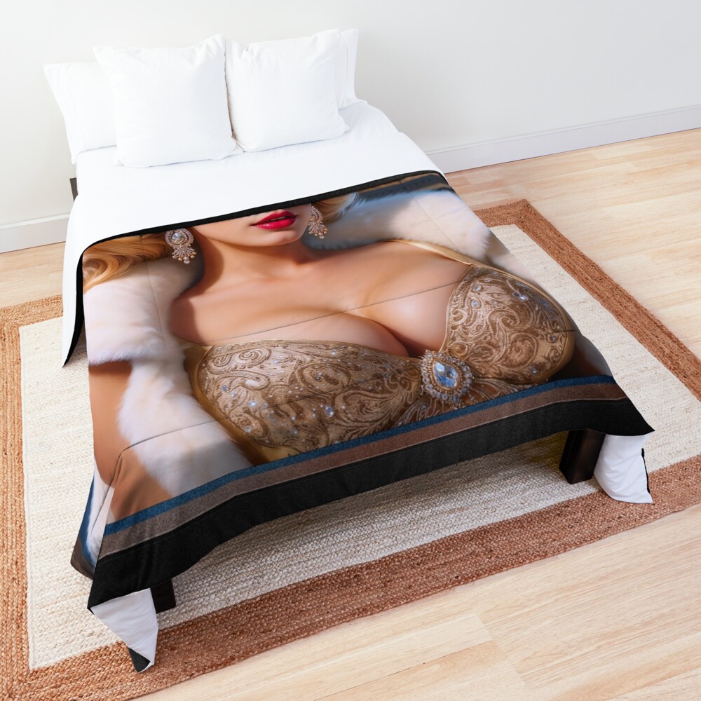 A Stunning Elegant Blonde In A Gold Gown and White Mink Fur Captivating AI Concept Art by Xzendor7 Decorative Art Print Portrait Comforter