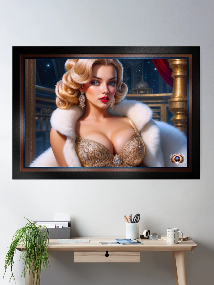A Stunning Elegant Blonde In A Gold Gown and White Mink Fur Captivating AI Concept Art by Xzendor7 Room Decor Poster Art Print Portrait