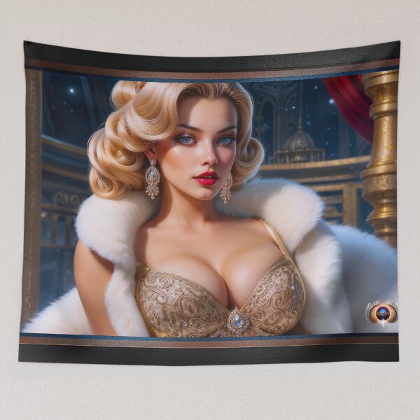 Item preview, A Stunning Elegant Blonde In A Gold Gown and White Mink Fur Captivating AI Concept Art by Xzendor7 designed and sold by Xzendor7 Digital Art Creations.