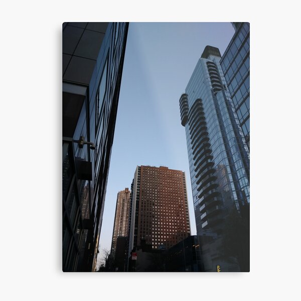 Tower block, High-rise building, Happiness, Building, Skyscraper, New York, Manhattan, Street, Pedestrians, Cars, Towers, morning, trees, subway, station, Spring, flowers, Brooklyn Metal Print