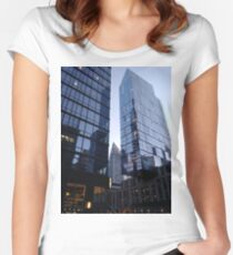 Tower block, High-rise building, Commercial building, Happiness, Building, Skyscraper, New York, Manhattan, Street, Pedestrians, Cars, Towers, morning, trees, subway, station, Spring, flowers Women's Fitted Scoop T-Shirt