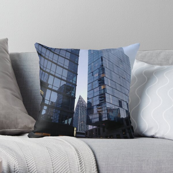 Tower block, High-rise building, Commercial building, Happiness, Building, Skyscraper, New York, Manhattan, Street, Pedestrians, Cars, Towers, morning, trees, subway, station, Spring, flowers Throw Pillow