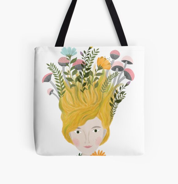 Summer plant women portrait illustration All Over Print Tote Bag