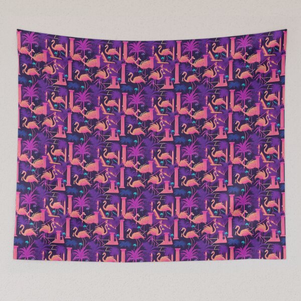Item preview, Modern Neon Flamingo Palm Trees Vaporwave Aesthetic Pattern designed and sold by tanjica.