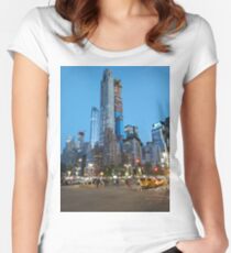 Metropolitan area, Happiness, Building, Skyscraper, New York, Manhattan, Street, Pedestrians, Cars, Towers, morning, trees, subway, station, Spring, flowers, Brooklyn Women's Fitted Scoop T-Shirt