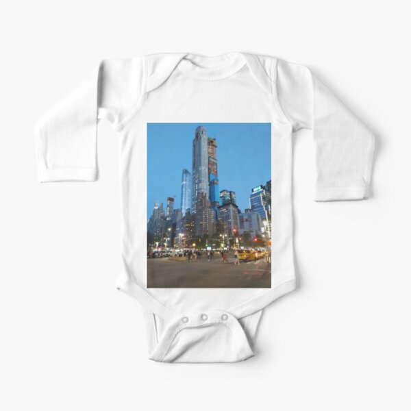 Metropolitan area, Happiness, Building, Skyscraper, New York, Manhattan, Street, Pedestrians, Cars, Towers, morning, trees, subway, station, Spring, flowers, Brooklyn Long Sleeve Baby One-Piece