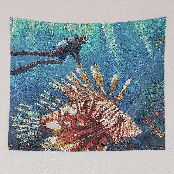 Item preview, SCUBA Diver Meets Lion Fish Impressionism Art designed and sold by SportsT-Shirts.