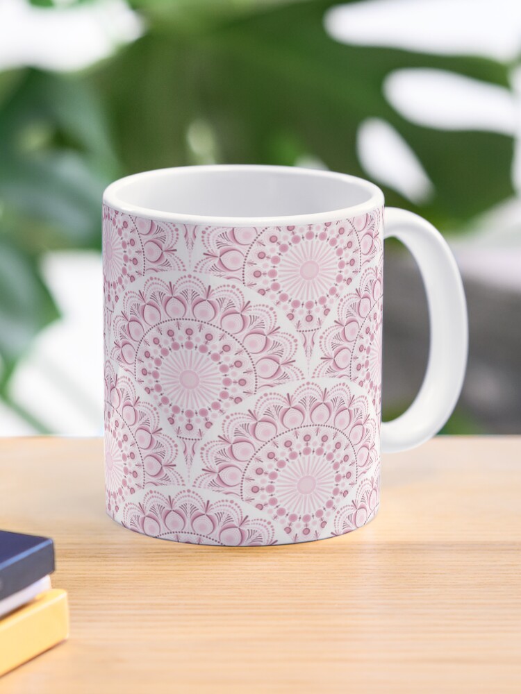 Coffee Mug, Dusky Rose Confetti Lace Dot Mandala Art Deco Scallop designed and sold by Triplicate Limited