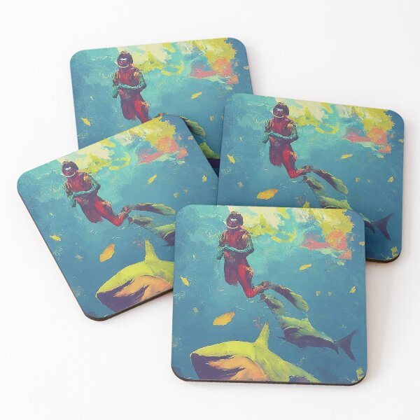 Item preview, Serene Depths SCUBA Diver Among Sharks Pop Art designed and sold by SportsT-Shirts.
