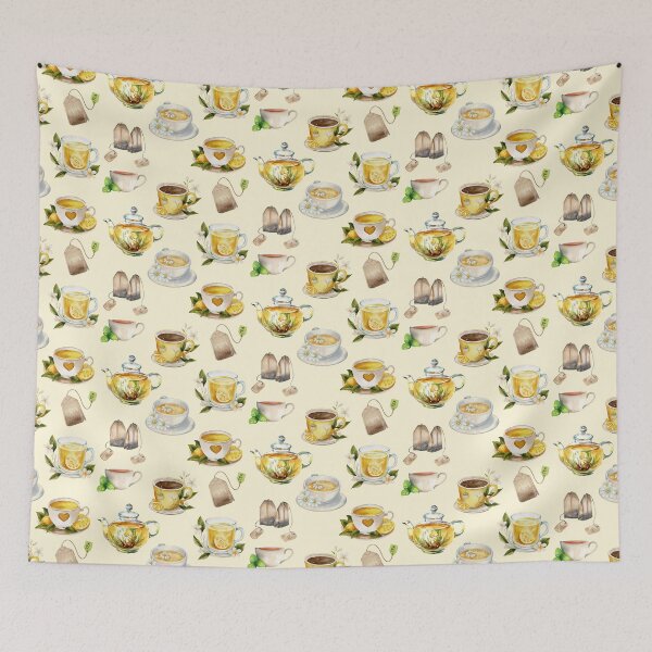 Item preview, Watercolor Lemons Tea Design Teacups Teapots Vintage Aesthetic Summer Autumn Illustration designed and sold by Annika Shurafa.
