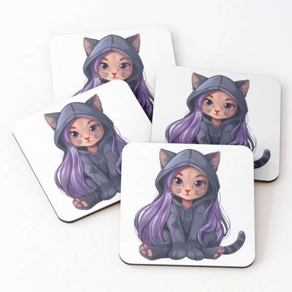 Item preview, Cute cat in a hood with purple hair, whimsical cartoon style. designed and sold by tjnextgen99.