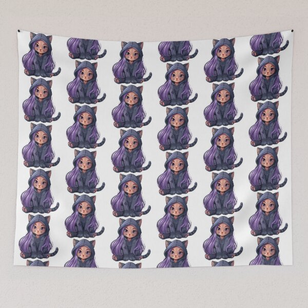 Item preview, Cute cat in a hood with purple hair, whimsical cartoon style. designed and sold by tjnextgen99.