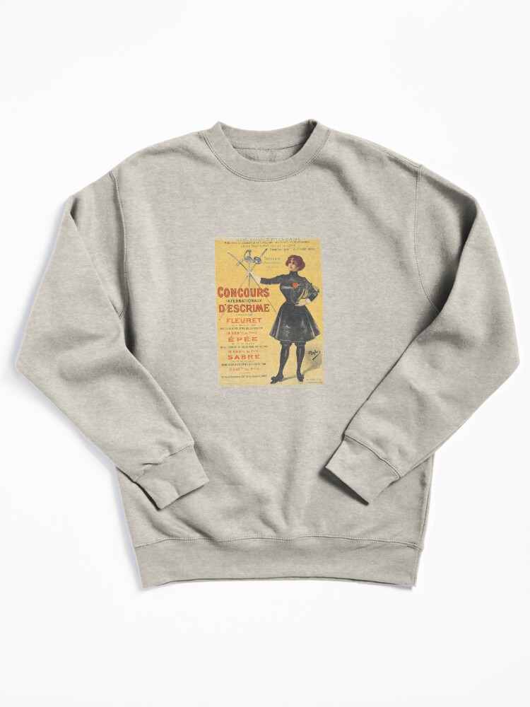 Thumbnail 2 of 7, Pullover Sweatshirt, Vintage Olympic Games Poster, Paris 1900, Concourse Internationaux D'Escrime, Sabre, Epee, and Fleuret Fencing Swordswoman designed and sold by juiceboxvintage.
