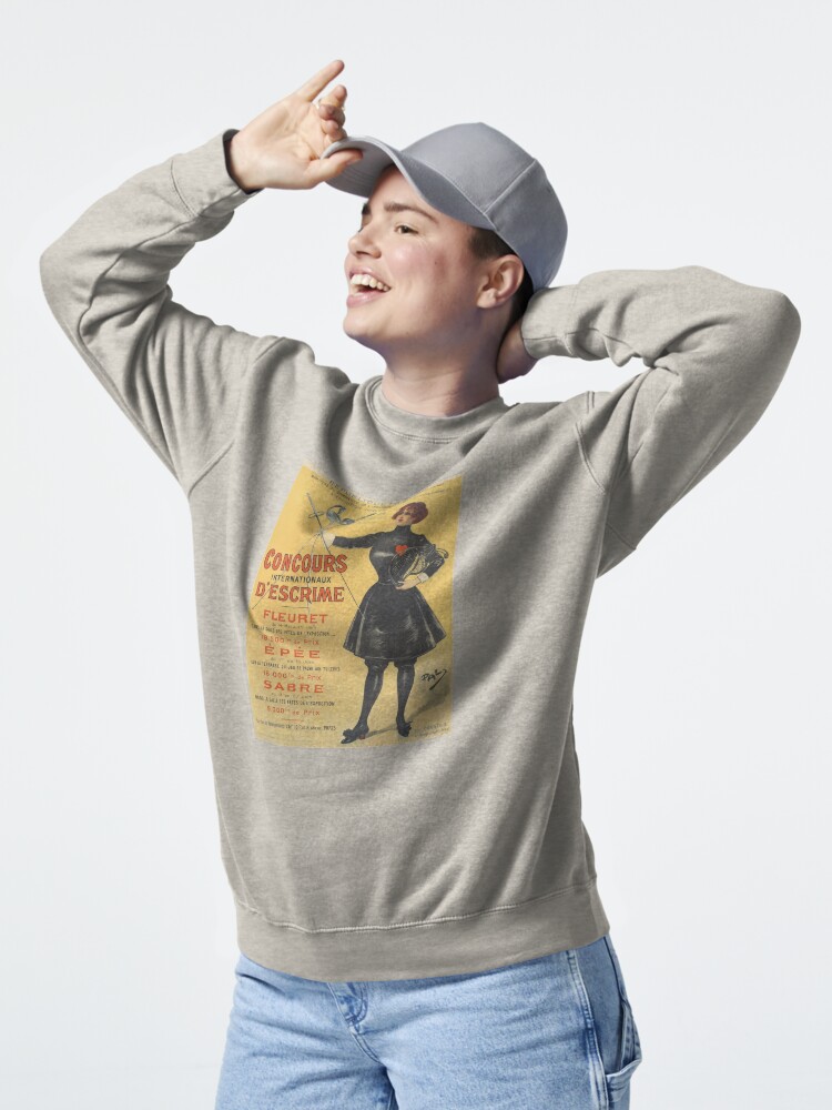 Thumbnail 5 of 7, Pullover Sweatshirt, Vintage Olympic Games Poster, Paris 1900, Concourse Internationaux D'Escrime, Sabre, Epee, and Fleuret Fencing Swordswoman designed and sold by juiceboxvintage.