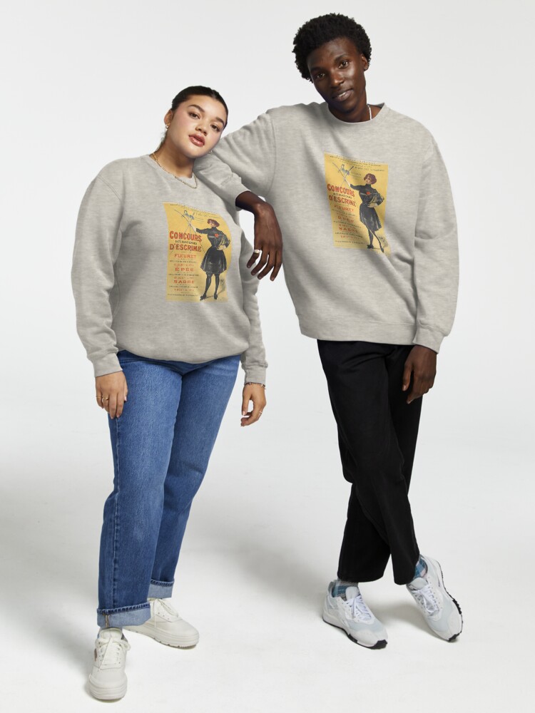 Thumbnail 1 of 7, Pullover Sweatshirt, Vintage Olympic Games Poster, Paris 1900, Concourse Internationaux D'Escrime, Sabre, Epee, and Fleuret Fencing Swordswoman designed and sold by juiceboxvintage.