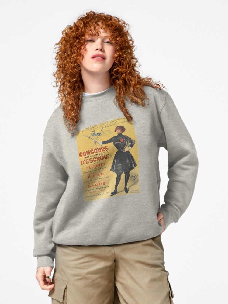 Thumbnail 4 of 7, Pullover Sweatshirt, Vintage Olympic Games Poster, Paris 1900, Concourse Internationaux D'Escrime, Sabre, Epee, and Fleuret Fencing Swordswoman designed and sold by juiceboxvintage.