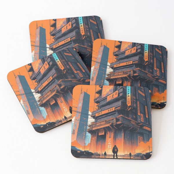 Item preview, The illustration depicts a futuristic dystopian megacity with Japanese signs, rendered in orange and blue tones. The foreground features figures of people and cars, emphasizing the urban atmosphere. designed and sold by Nataliya Kretsu.