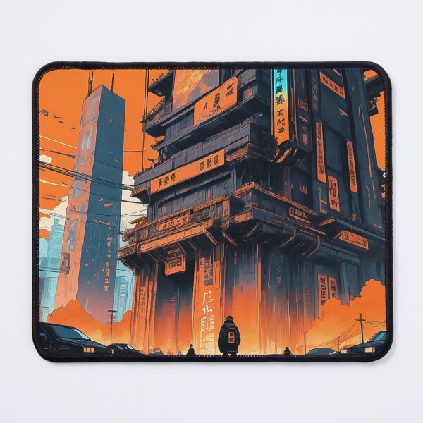 Item preview, The illustration depicts a futuristic dystopian megacity with Japanese signs, rendered in orange and blue tones. The foreground features figures of people and cars, emphasizing the urban atmosphere. designed and sold by Nataliya Kretsu.