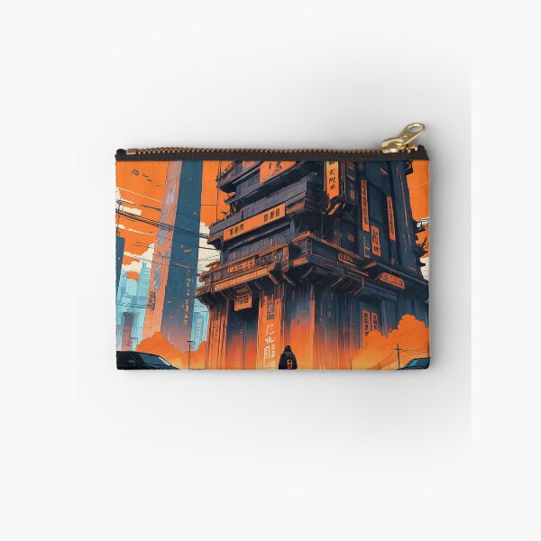 Item preview, The illustration depicts a futuristic dystopian megacity with Japanese signs, rendered in orange and blue tones. The foreground features figures of people and cars, emphasizing the urban atmosphere. designed and sold by Nataliya Kretsu.