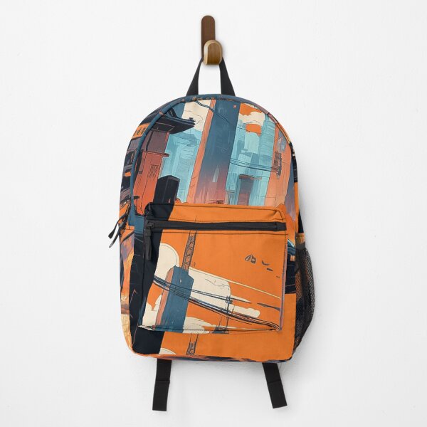Item preview, The illustration depicts a futuristic dystopian megacity with Japanese signs, rendered in orange and blue tones. The foreground features figures of people and cars, emphasizing the urban atmosphere. designed and sold by Nataliya Kretsu.