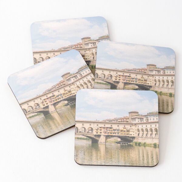 Item preview, Florence, Italy I Pastel Ponte Vecchio on the Arno to experience dolce vita in Tuscany in sunny to retro vintage atmosphere with an Italian summer yellow sunny aesthetic like an old Mediterranean village designed and sold by Julie Travel Photography.