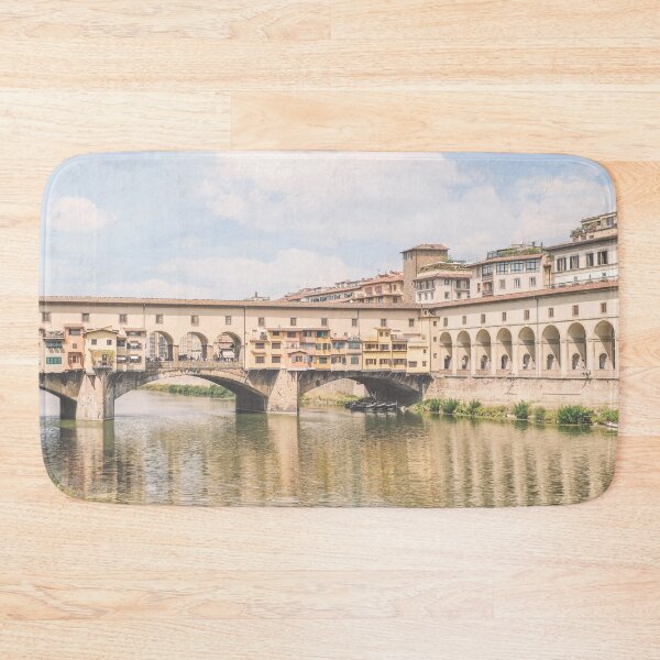 Item preview, Florence, Italy I Pastel Ponte Vecchio on the Arno to experience dolce vita in Tuscany in sunny to retro vintage atmosphere with an Italian summer yellow sunny aesthetic like an old Mediterranean village designed and sold by Julie Travel Photography.
