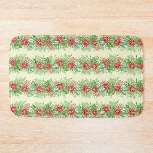 Item preview, Tropical leaves, red flowers, palm and curly jungle leaf. Seamless border. Watercolor illustration designed and sold by BartolArt.