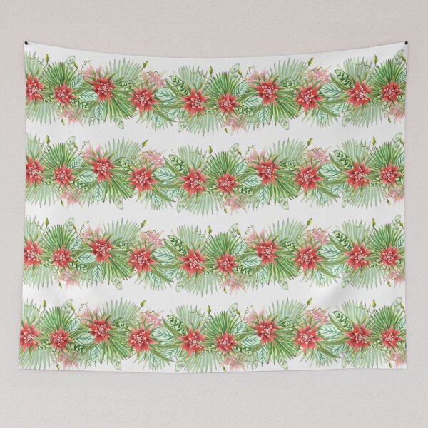 Item preview, Tropical leaves, red flowers, palm and curly jungle leaf. Seamless border. Watercolor illustration designed and sold by BartolArt.
