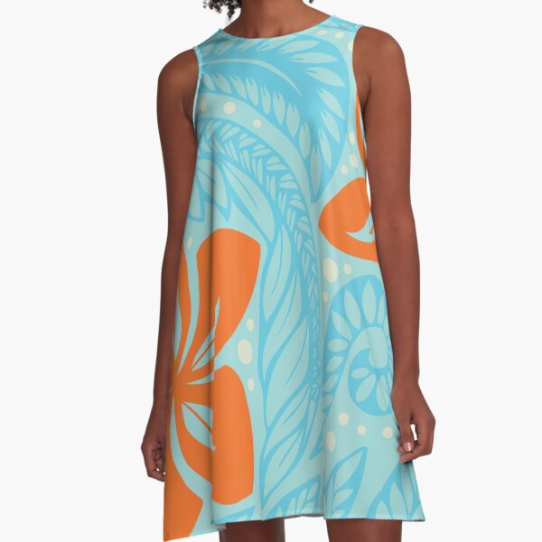 Polynesian Hawaiian light blue orange floral tattoo design A-Line Dress