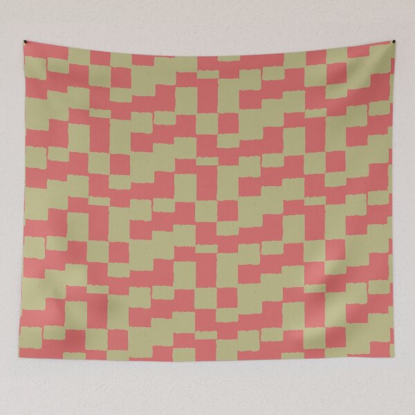 Item preview, shifted checkerboard pattern in coral and olive designed and sold by colorofmagic.