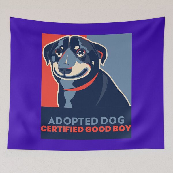 Aperçu de l'œuvre T-SHIRT ROUGE ET BLEU CHIEN ADOPTÉ CERTIFIÉ GOOD BOY créée et vendue par Funky-Munkey.