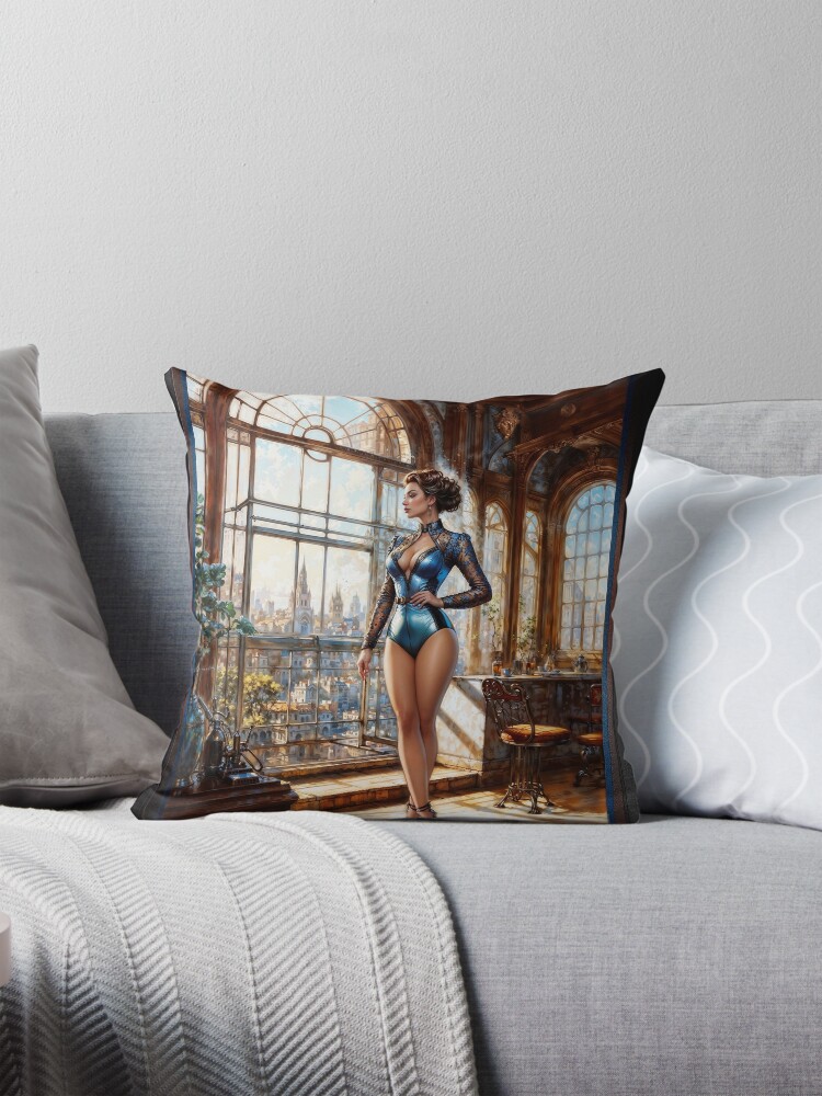 An Elegant Woman In A Sunlit Urban Loft Overlooking The City Captivating AI Concept Art by Xzendor7 Decorative Art Print Throw Pillow