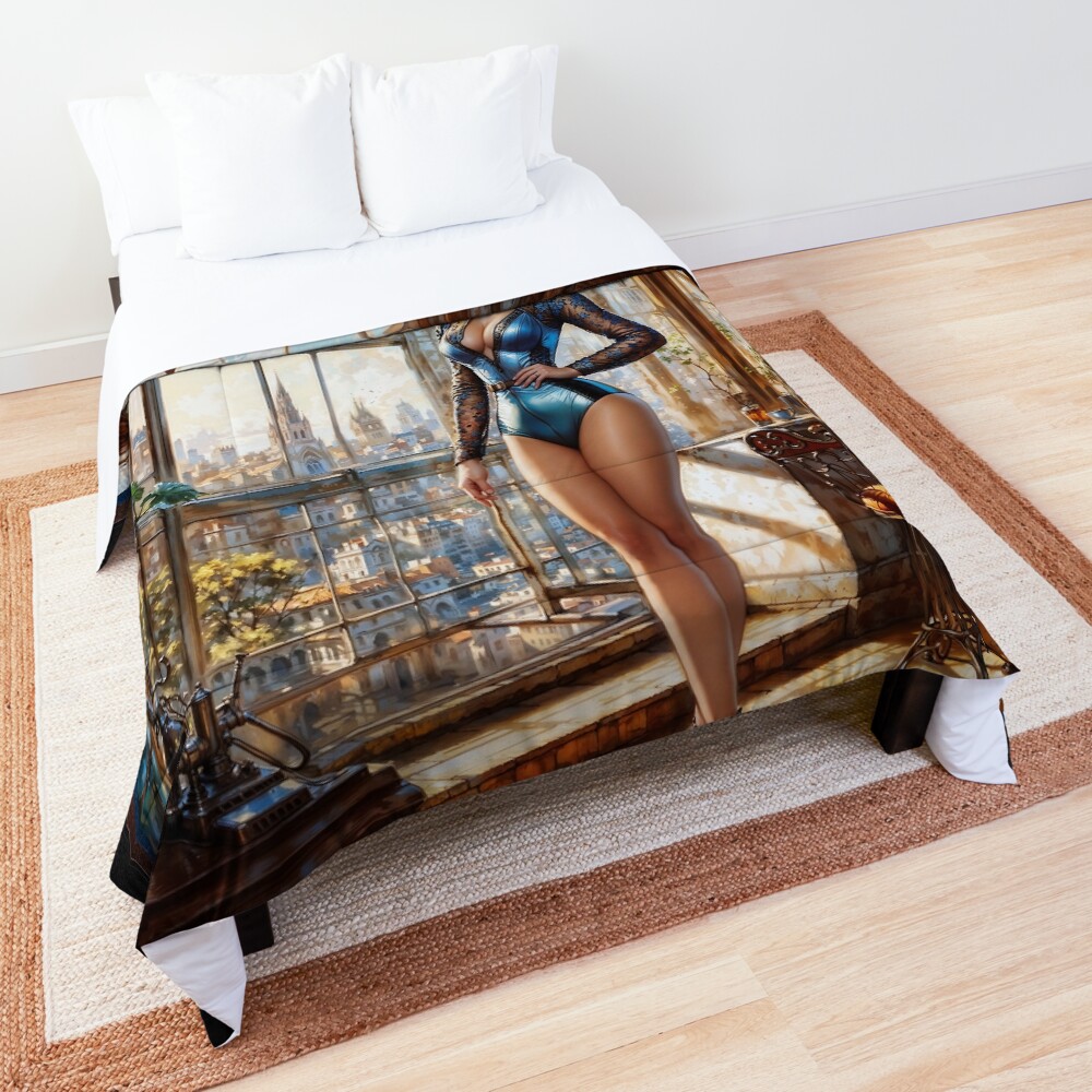 An Elegant Woman In A Sunlit Urban Loft Overlooking The City Captivating AI Concept Art by Xzendor7 Decorative Art Print Comforter