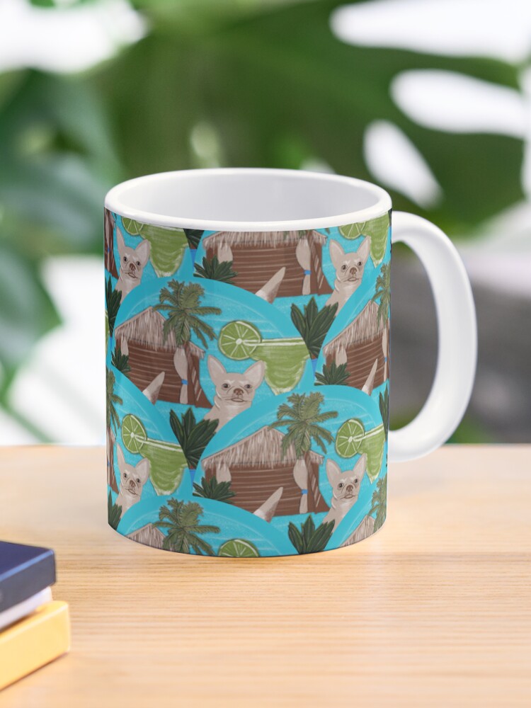 Coffee Mug, Chihuahuas Cabanas And Cocktails Art Deco Scallop designed and sold by Triplicate Limited