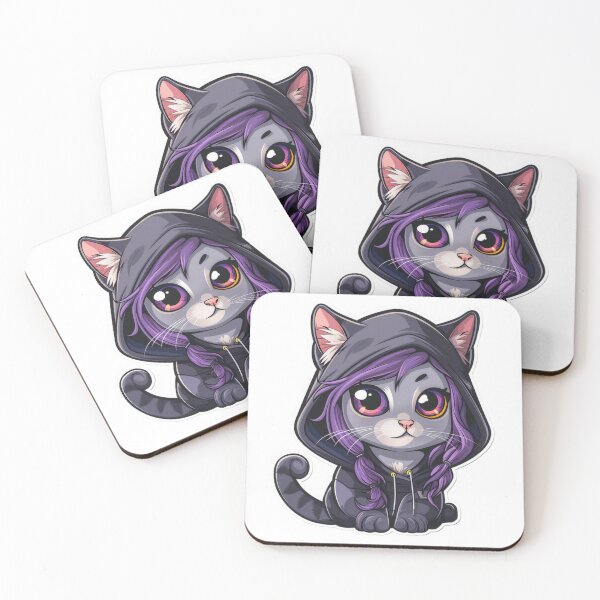 Item preview, Whimsical cartoon of cat in hood with purple hair, playful and unique designed and sold by tjnextgen99.