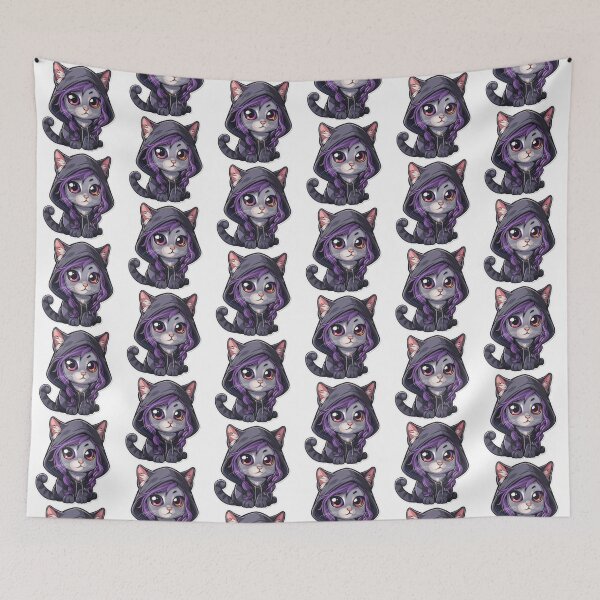 Item preview, Whimsical cartoon of cat in hood with purple hair, playful and unique designed and sold by tjnextgen99.