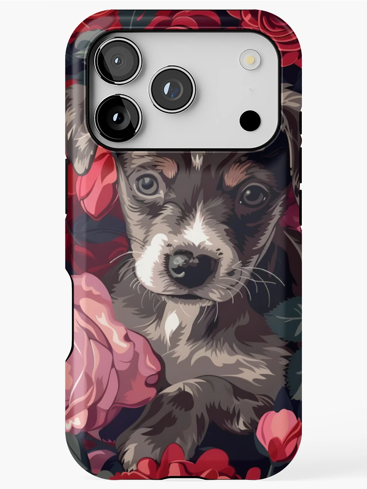 Thumbnail 1 of 4, iPhone Case, Dog In Roses designed and sold by HappyStickBike.