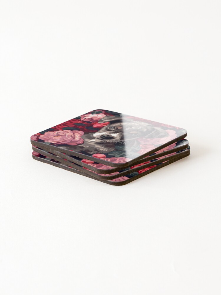 Thumbnail 4 of 5, Coasters (Set of 4), Dog In Roses designed and sold by HappyStickBike.