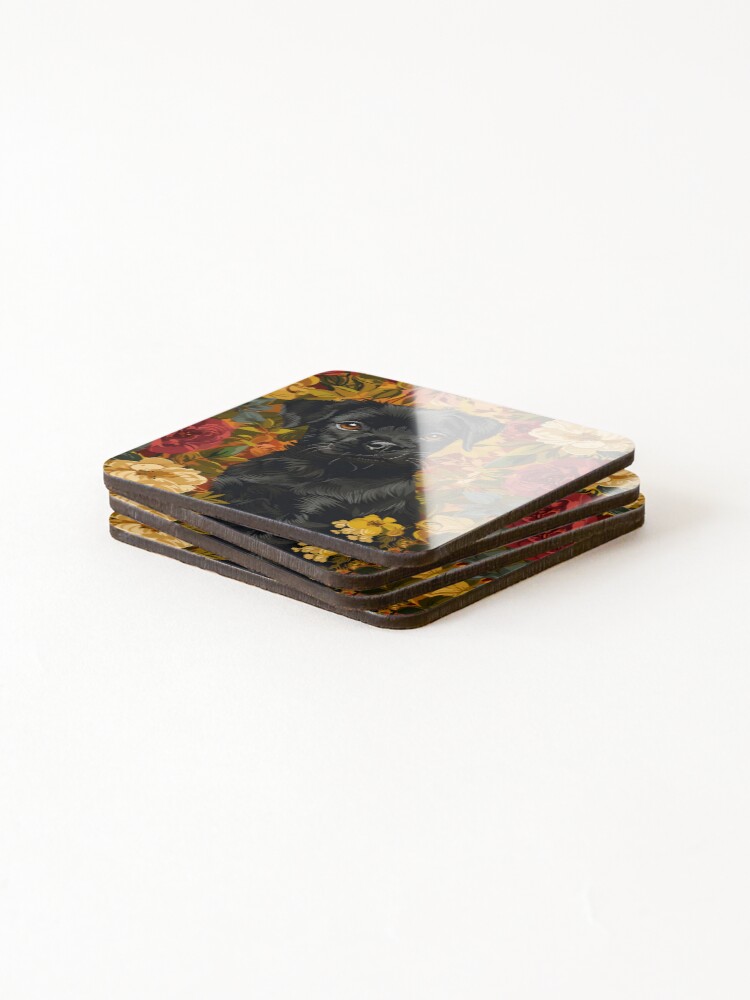 Thumbnail 4 of 5, Coasters (Set of 4), Dog In Roses designed and sold by HappyStickBike.