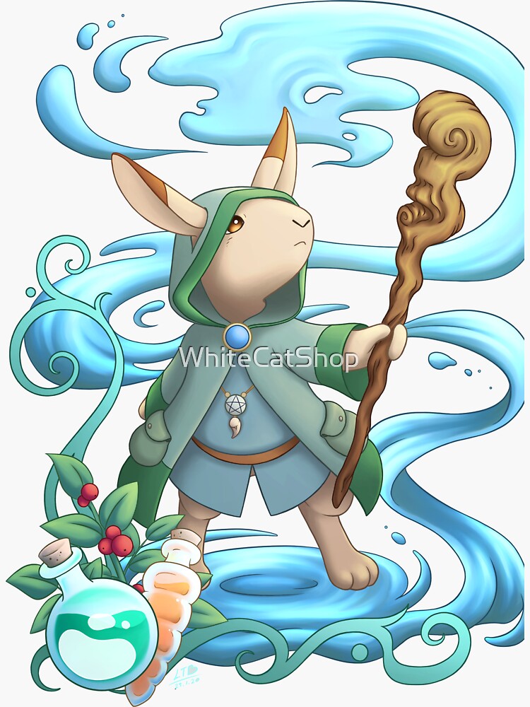 Thumbnail 3 of 3, Sticker, Bunny mage water magic designed and sold by WhiteCatShop.