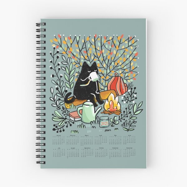 Item preview, 2025 calendar with a black cat drinking coffee in the forest designed and sold by kostolom3000.