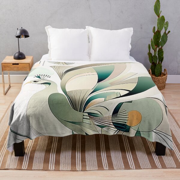 Item preview, Peacock and Abstract Flower in Cream and Soft Green designed and sold by PaintbrushPlace.
