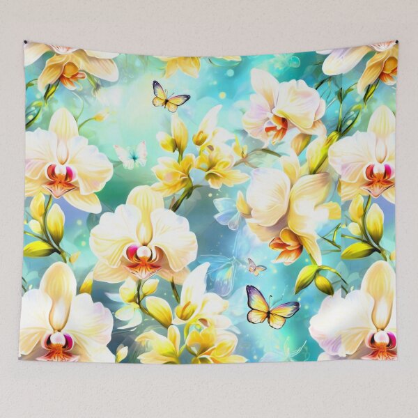 Item preview, Printed fabric series Orchids, white, green, blue designed and sold by janjacbu.