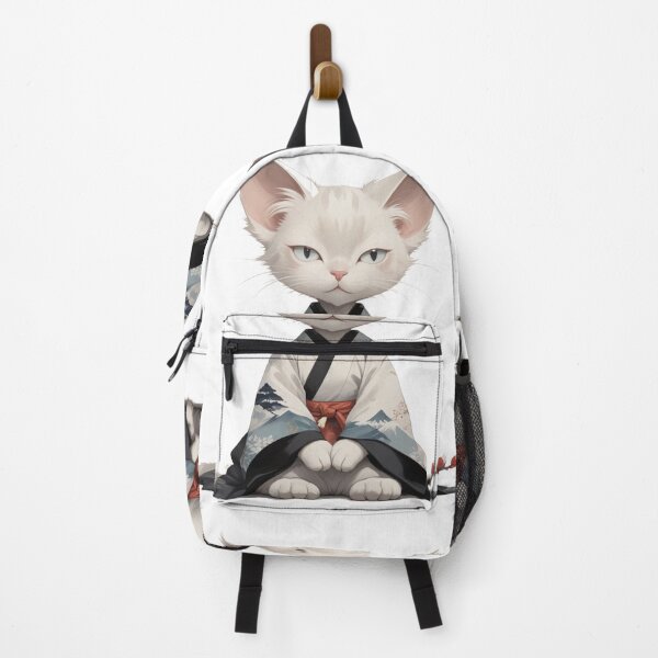Item preview, A digital painting of a white cat with large ears, dressed in a traditional Japanese kimono adorned with delicate mountain and floral motifs. designed and sold by Nataliya Kretsu.